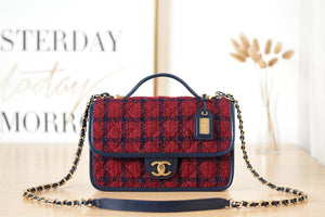 Chanel AS3653 Small Flap Bag with Top Handle Wool Tweed & Gold-Tone Metal Red and Navy Blue - Default Title - View 1