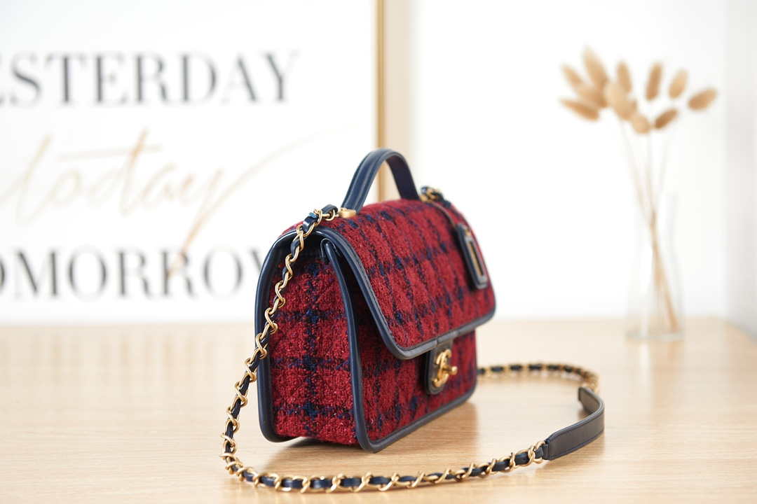 Chanel AS3653 Small Flap Bag with Top Handle Wool Tweed & Gold-Tone Metal Red and Navy Blue - Default Title - View 3