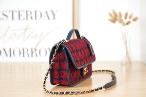 Chanel AS3653 Small Flap Bag with Top Handle Wool Tweed & Gold-Tone Metal Red and Navy Blue - Default Title - View 3