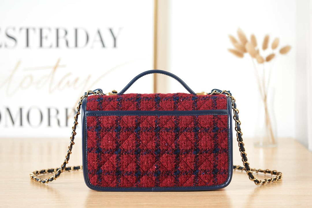 Chanel AS3653 Small Flap Bag with Top Handle Wool Tweed & Gold-Tone Metal Red and Navy Blue