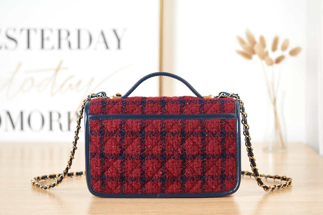 Chanel AS3653 Small Flap Bag with Top Handle Wool Tweed & Gold-Tone Metal Red and Navy Blue - Default Title - View 4
