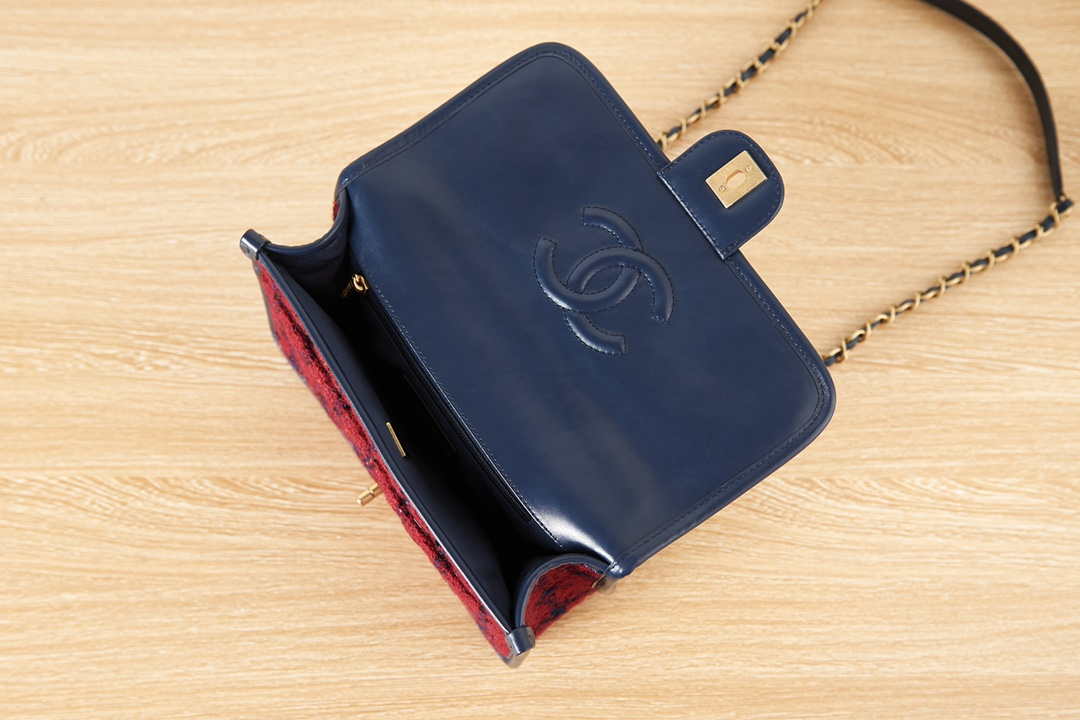 Chanel AS3653 Small Flap Bag with Top Handle Wool Tweed & Gold-Tone Metal Red and Navy Blue - Default Title - View 7
