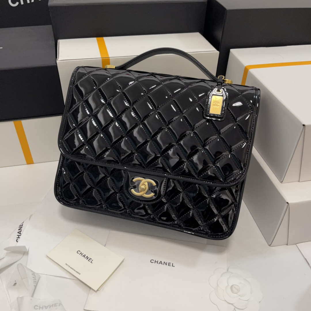 Chanel AS3662 LARGE BACKPACK Patent Calfskin & Gold-Tone Metal Black - Default Title - View 1
