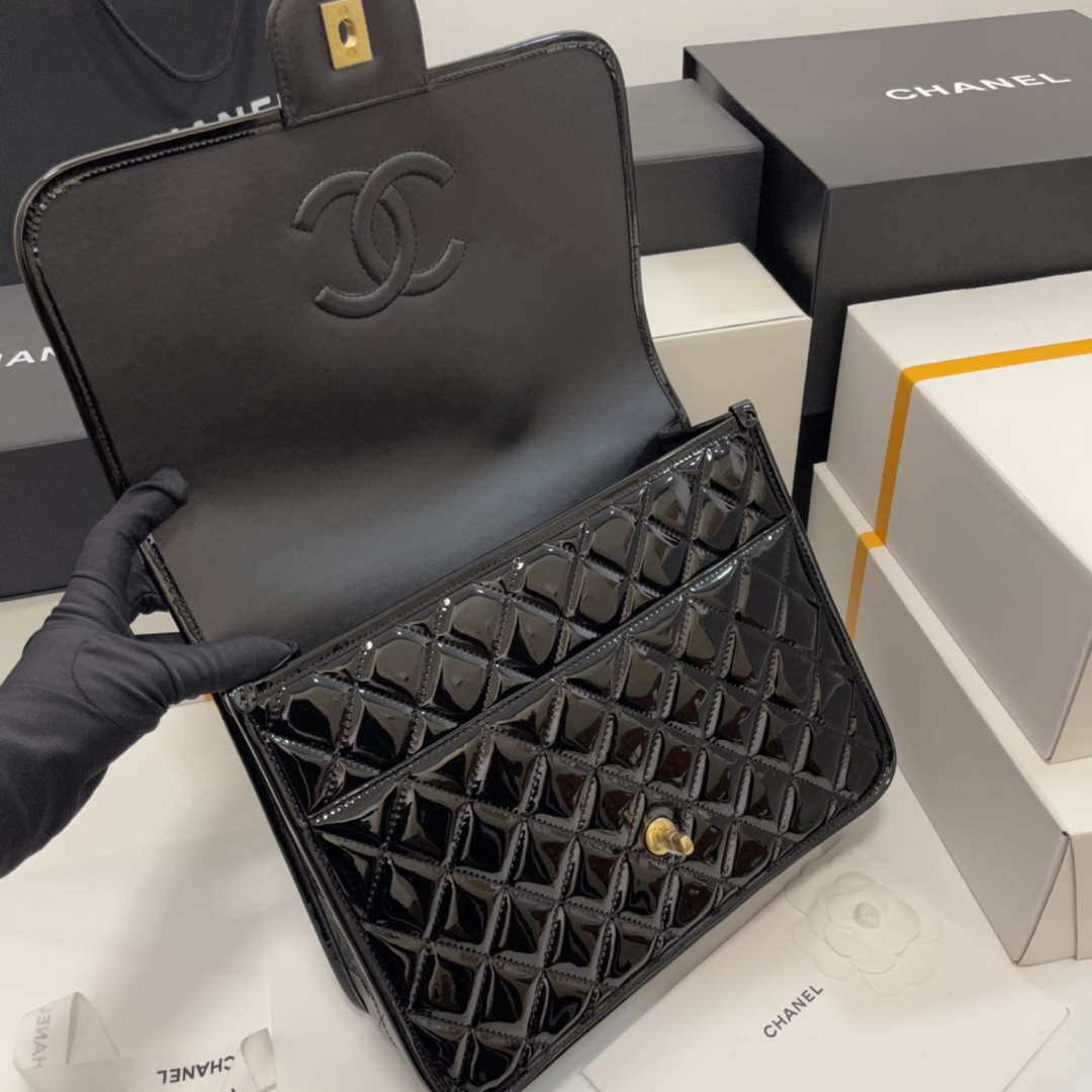 Chanel AS3662 LARGE BACKPACK Patent Calfskin & Gold-Tone Metal Black