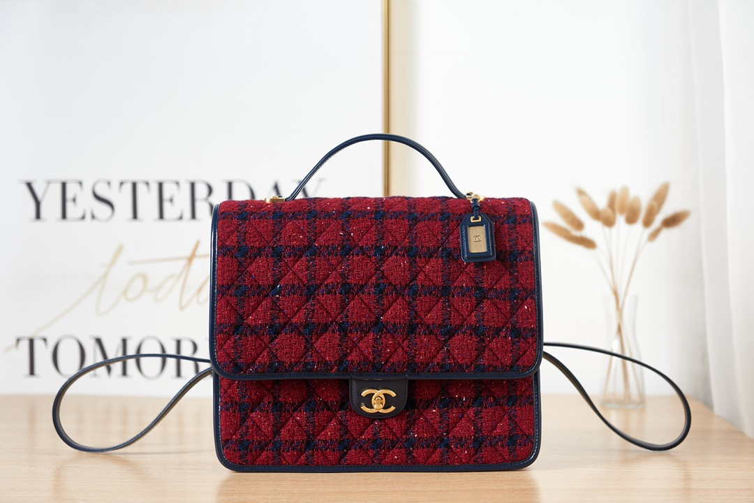 Chanel AS3662 LARGE BACKPACK Wool Tweed & Gold-Tone Metal Wine Red - Default Title - View 3