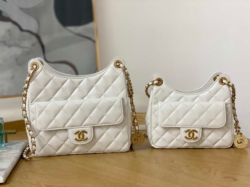 Chanel AS3710 Small Hobo Handbag Shiny Crumpled Calfskin & Gold-Tone Metal White