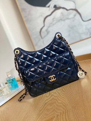 Chanel AS3690 Hobo Handbag Shiny Crumpled Calfskin & Gold-Tone Metal Navy blue - Default Title - View 1