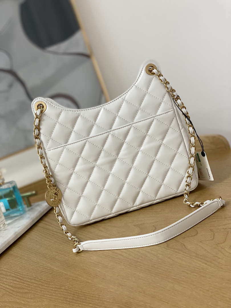 Chanel AS3690 Hobo Handbag Shiny Crumpled Calfskin & Gold-Tone Metal White
