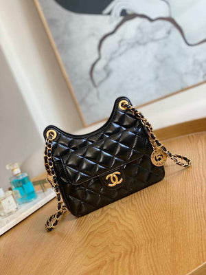 Chanel AS3710 Small Hobo Handbag Shiny Crumpled Calfskin & Gold-Tone Metal Black - Default Title - View 1