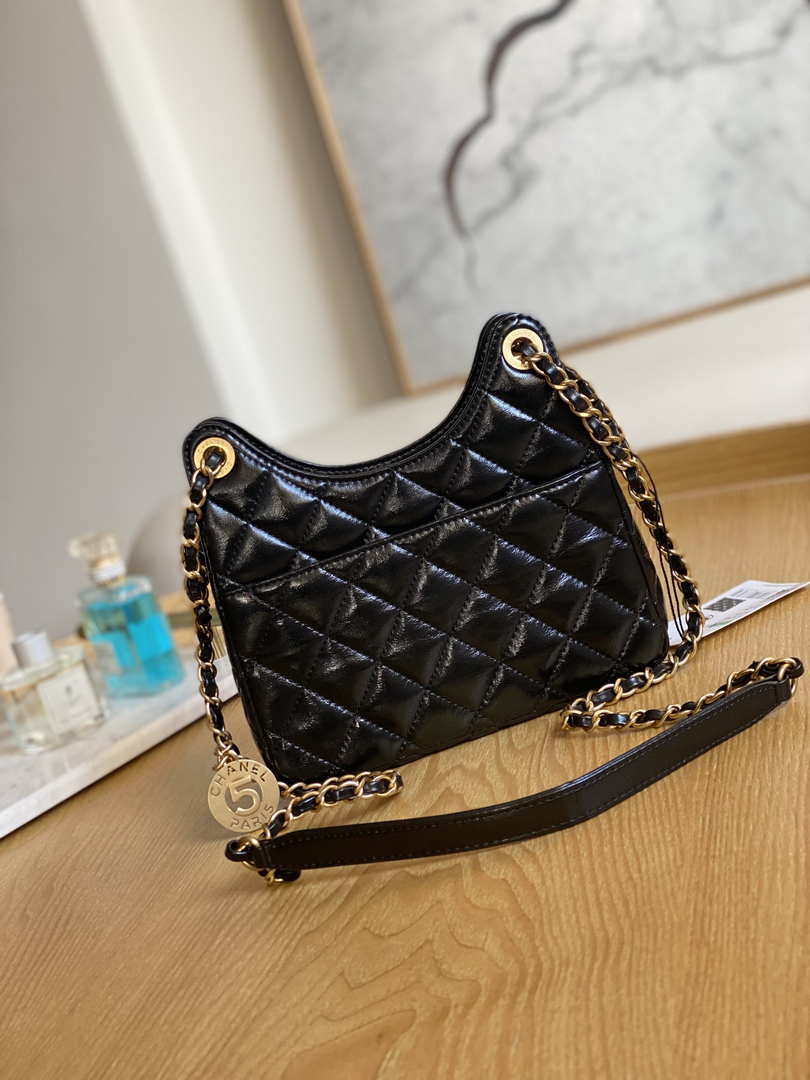 Chanel AS3710 Small Hobo Handbag Shiny Crumpled Calfskin & Gold-Tone Metal Black - Default Title - View 2