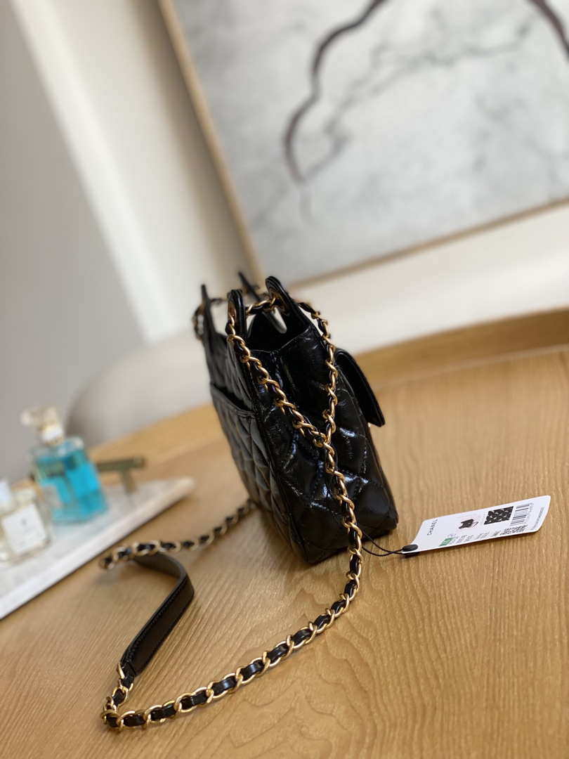 Chanel AS3710 Small Hobo Handbag Shiny Crumpled Calfskin & Gold-Tone Metal Black - Default Title - View 3