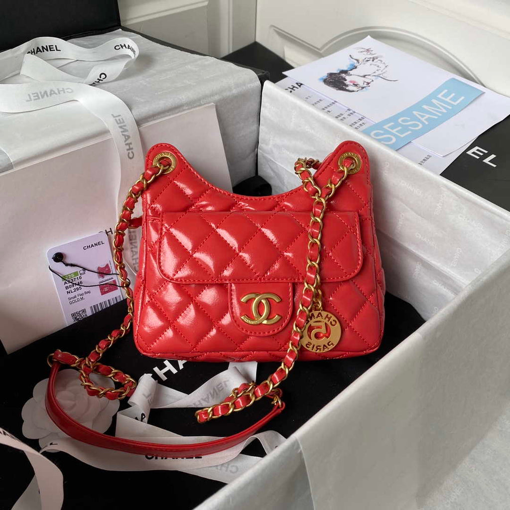 Chanel AS3710 Small Hobo Handbag Shiny Crumpled Calfskin & Gold-Tone Metal Red