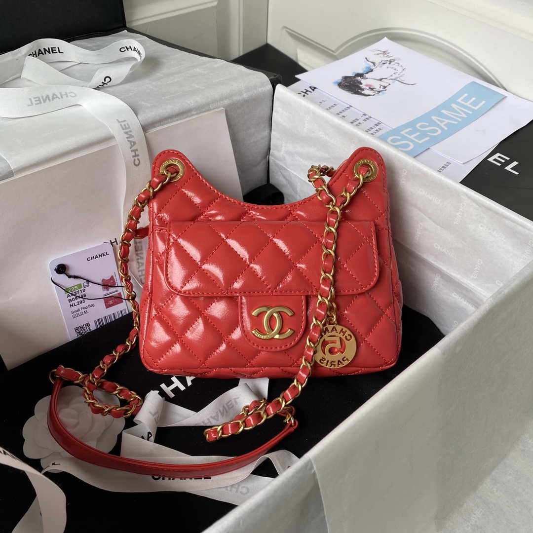 Chanel AS3710 Small Hobo Handbag Shiny Crumpled Calfskin & Gold-Tone Metal Red - Default Title - View 1