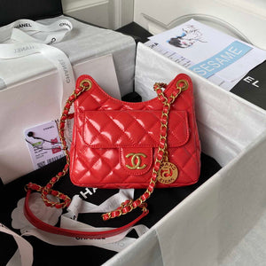 Chanel AS3710 Small Hobo Handbag Shiny Crumpled Calfskin & Gold-Tone Metal Red - Default Title - View 1