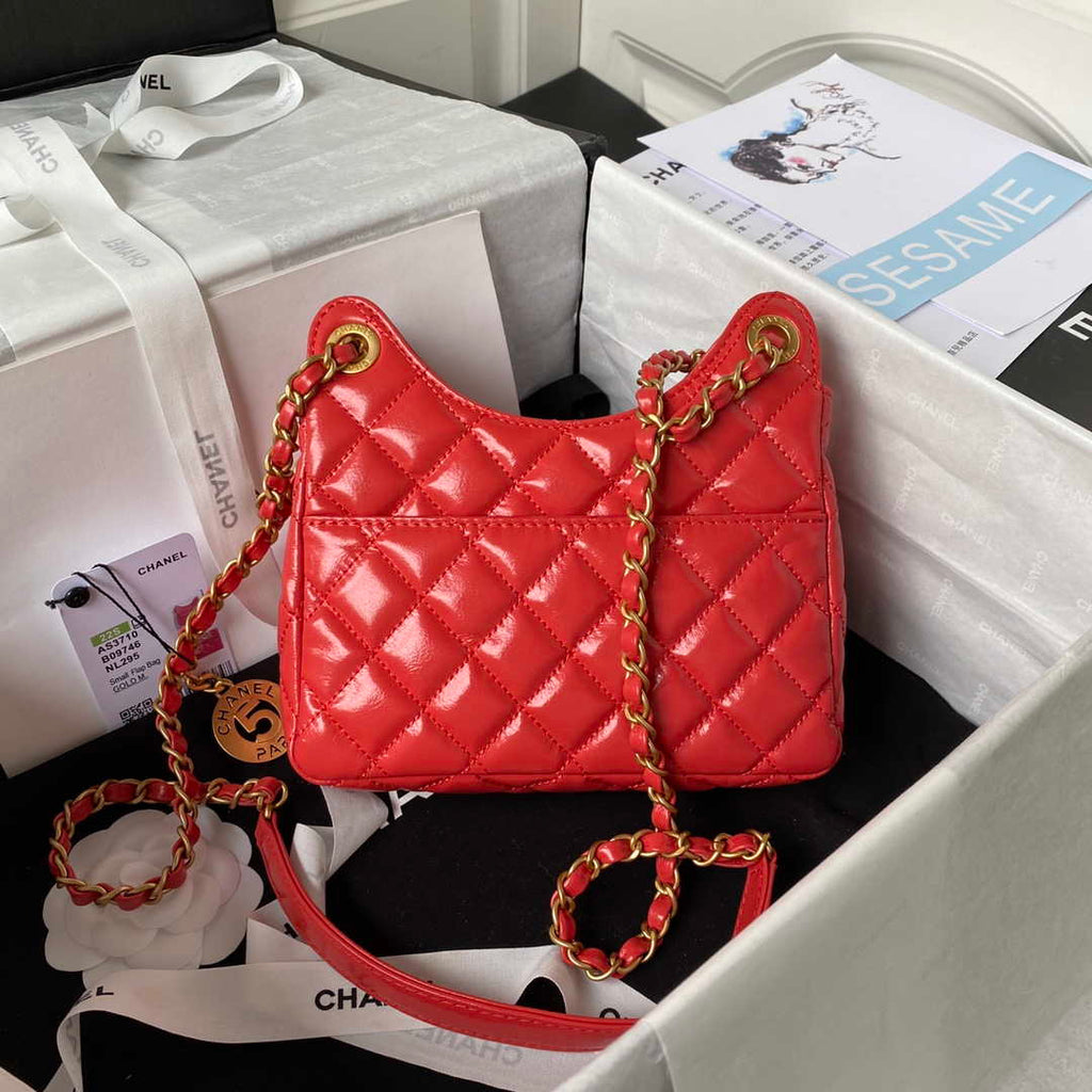 Chanel AS3710 Small Hobo Handbag Shiny Crumpled Calfskin & Gold-Tone Metal Red