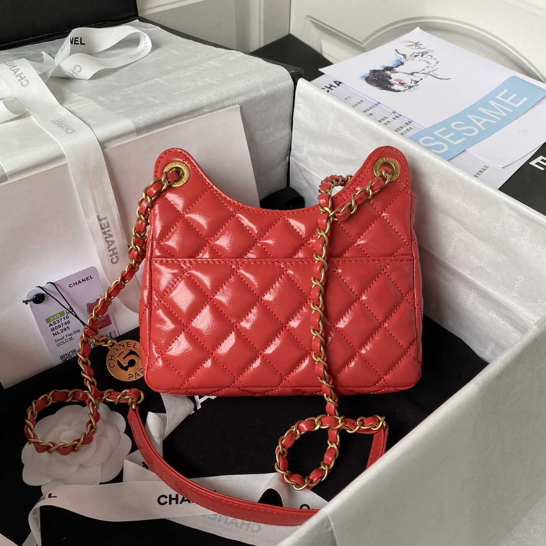 Chanel AS3710 Small Hobo Handbag Shiny Crumpled Calfskin & Gold-Tone Metal Red - Default Title - View 2