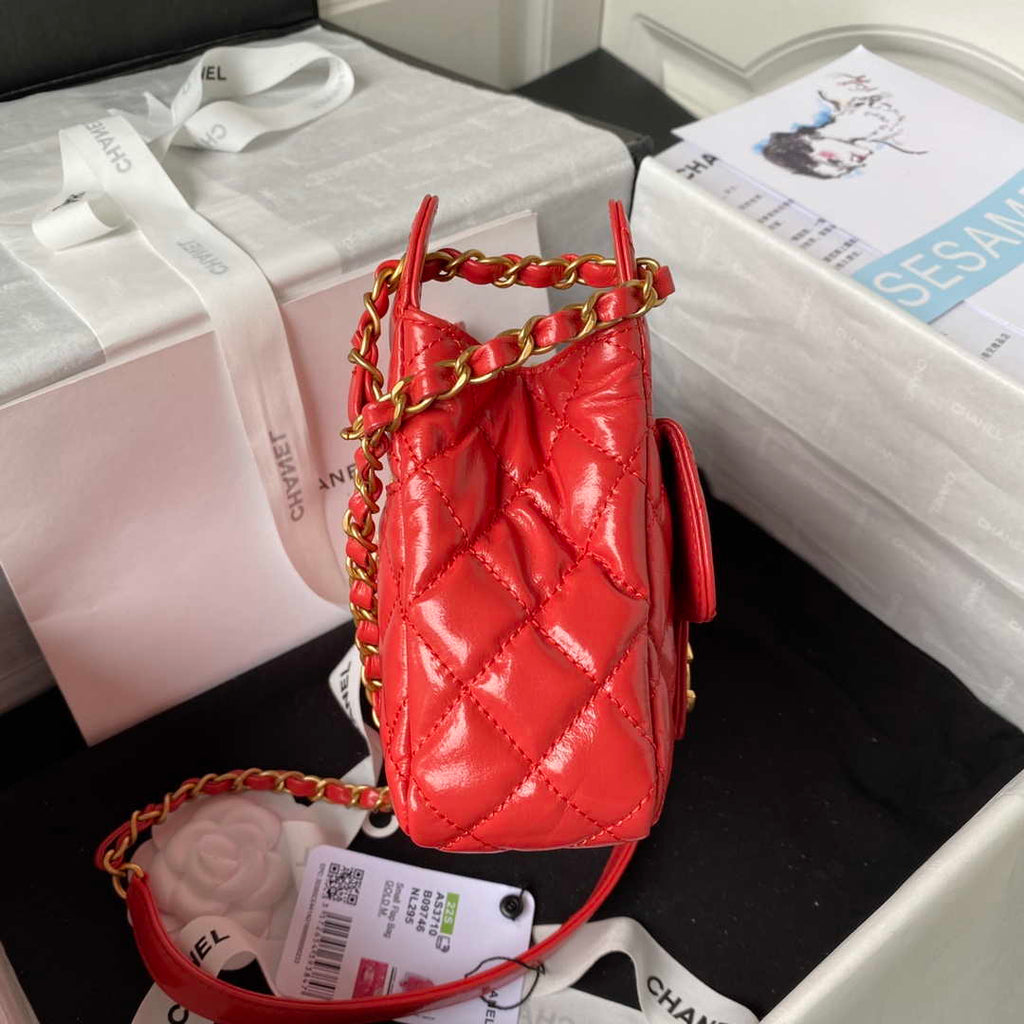 Chanel AS3710 Small Hobo Handbag Shiny Crumpled Calfskin & Gold-Tone Metal Red
