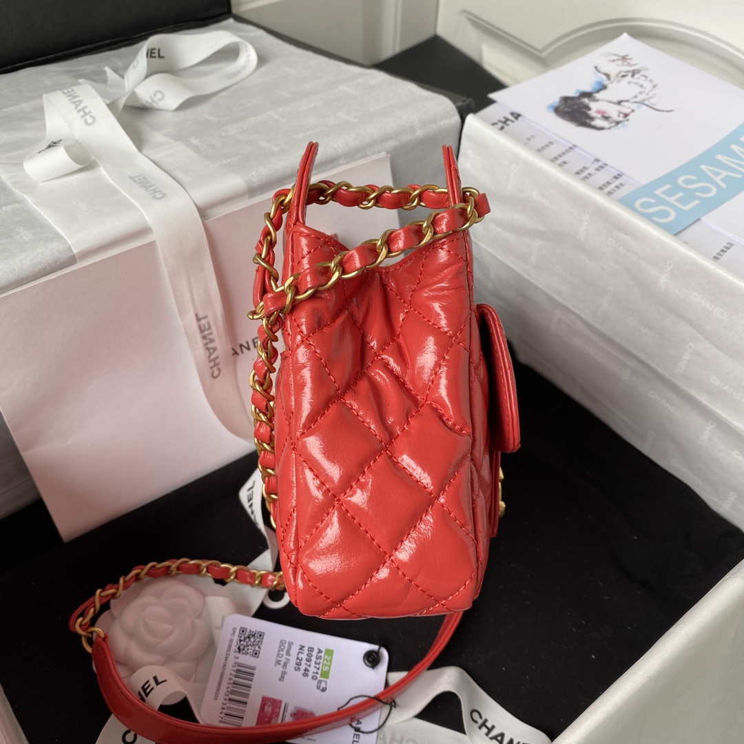 Chanel AS3710 Small Hobo Handbag Shiny Crumpled Calfskin & Gold-Tone Metal Red - Default Title - View 5