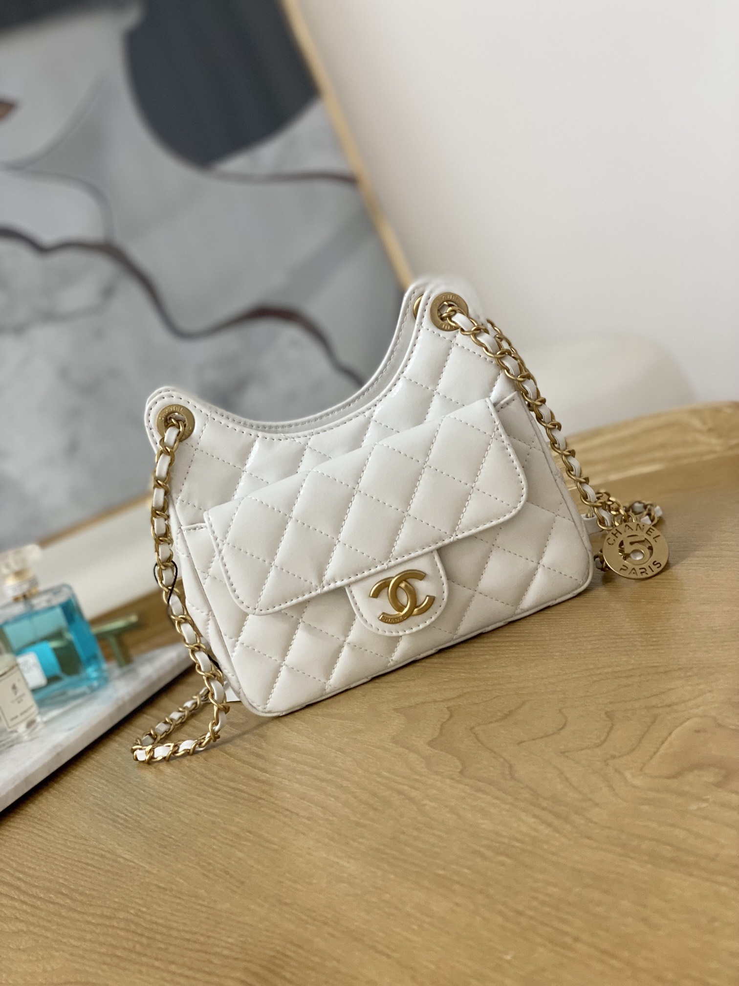 Chanel AS3710 Small Hobo Handbag Shiny Crumpled Calfskin & Gold-Tone Metal White - Default Title - View 1