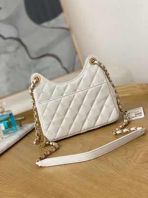 Chanel AS3710 Small Hobo Handbag Shiny Crumpled Calfskin & Gold-Tone Metal White - Default Title - View 3