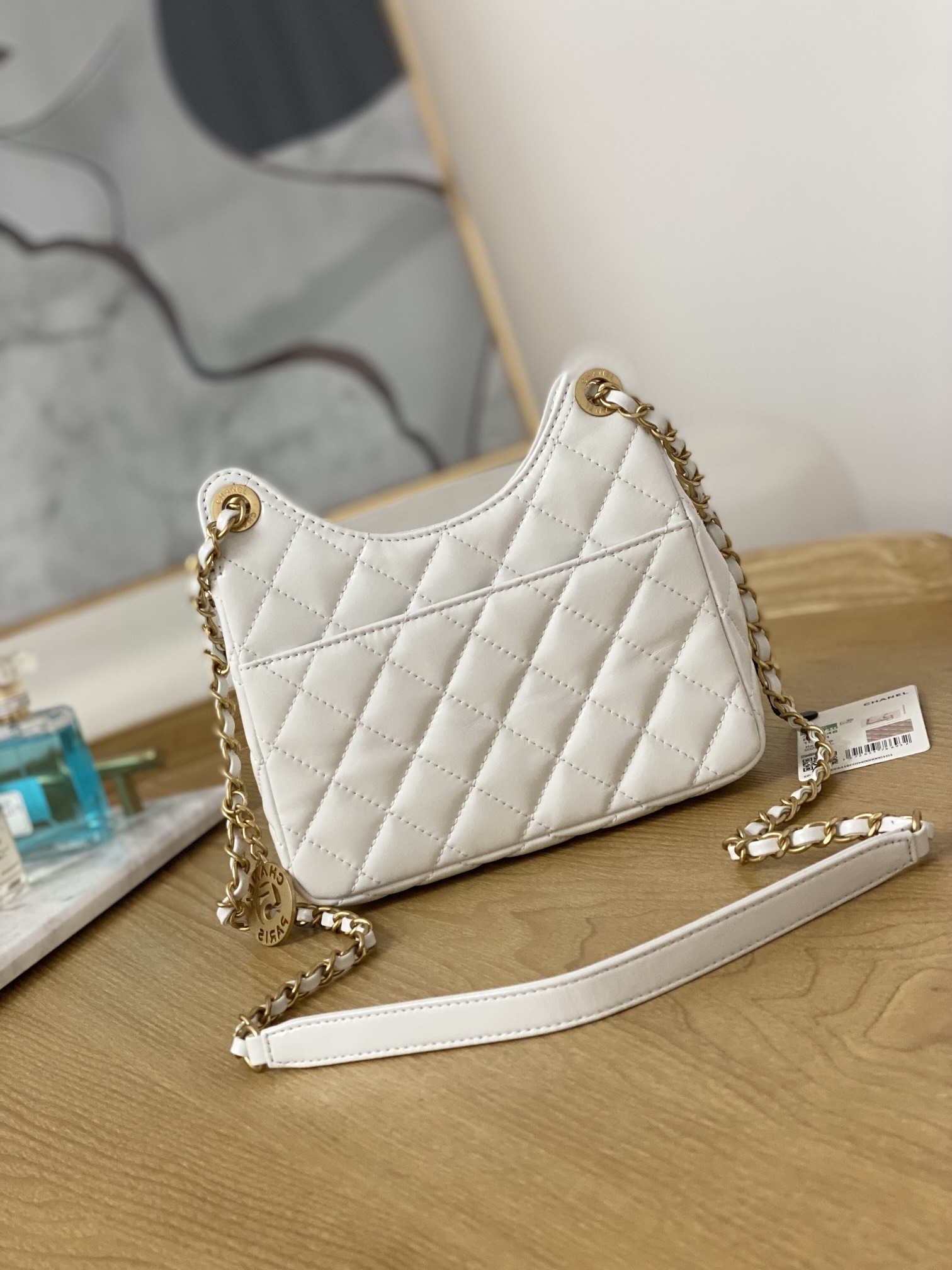 Chanel AS3710 Small Hobo Handbag Shiny Crumpled Calfskin & Gold-Tone Metal White
