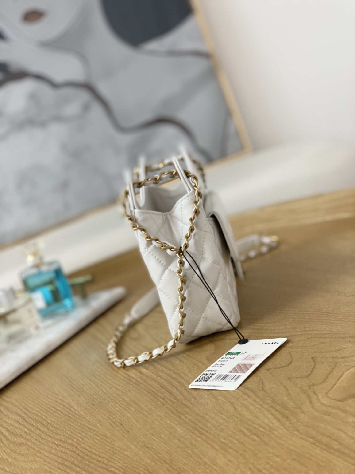Chanel AS3710 Small Hobo Handbag Shiny Crumpled Calfskin & Gold-Tone Metal White - Default Title - View 5