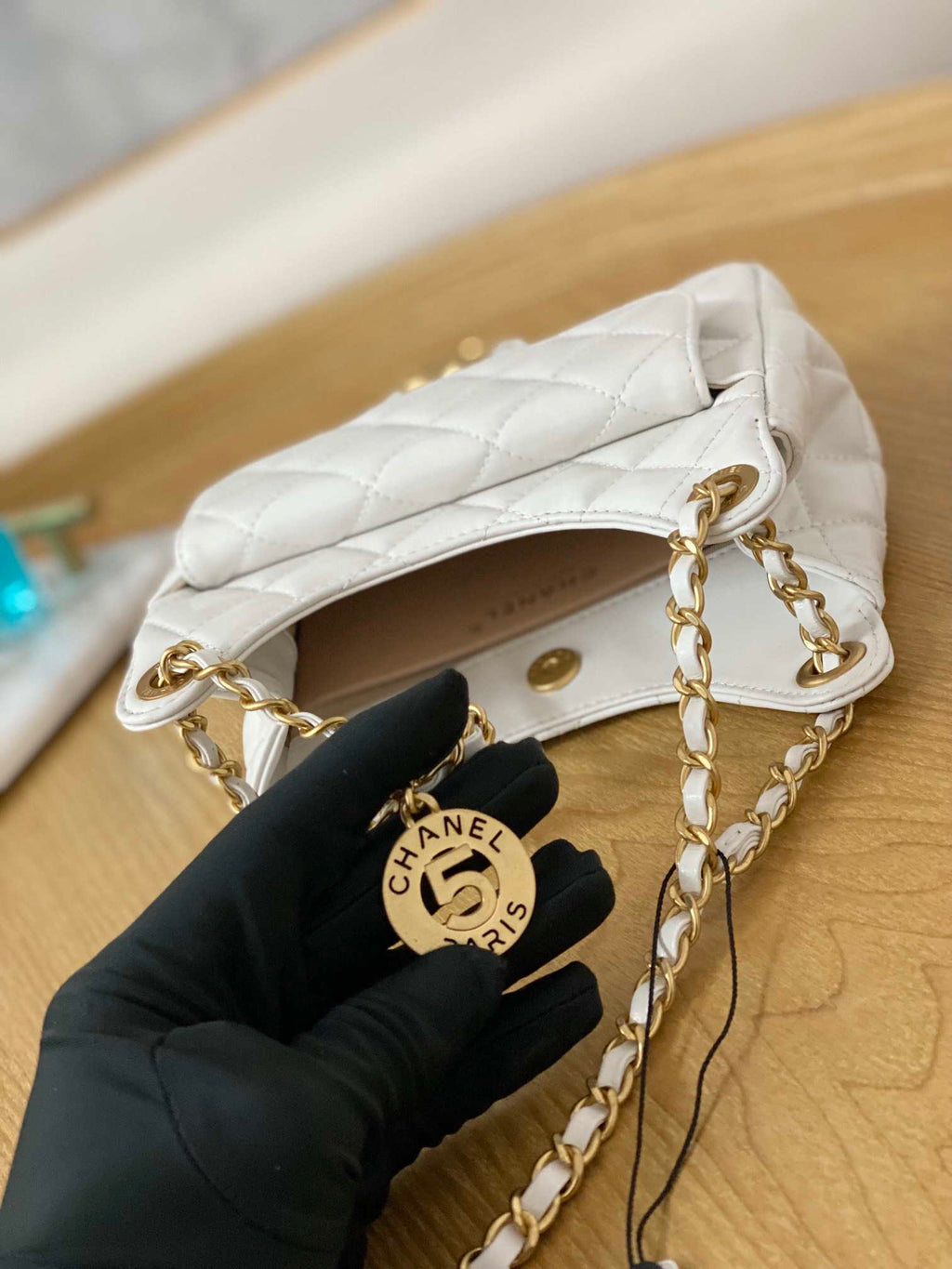 Chanel AS3710 Small Hobo Handbag Shiny Crumpled Calfskin & Gold-Tone Metal White