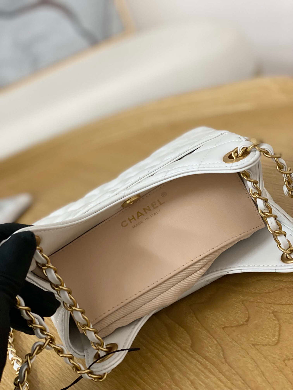 Chanel AS3710 Small Hobo Handbag Shiny Crumpled Calfskin & Gold-Tone Metal White