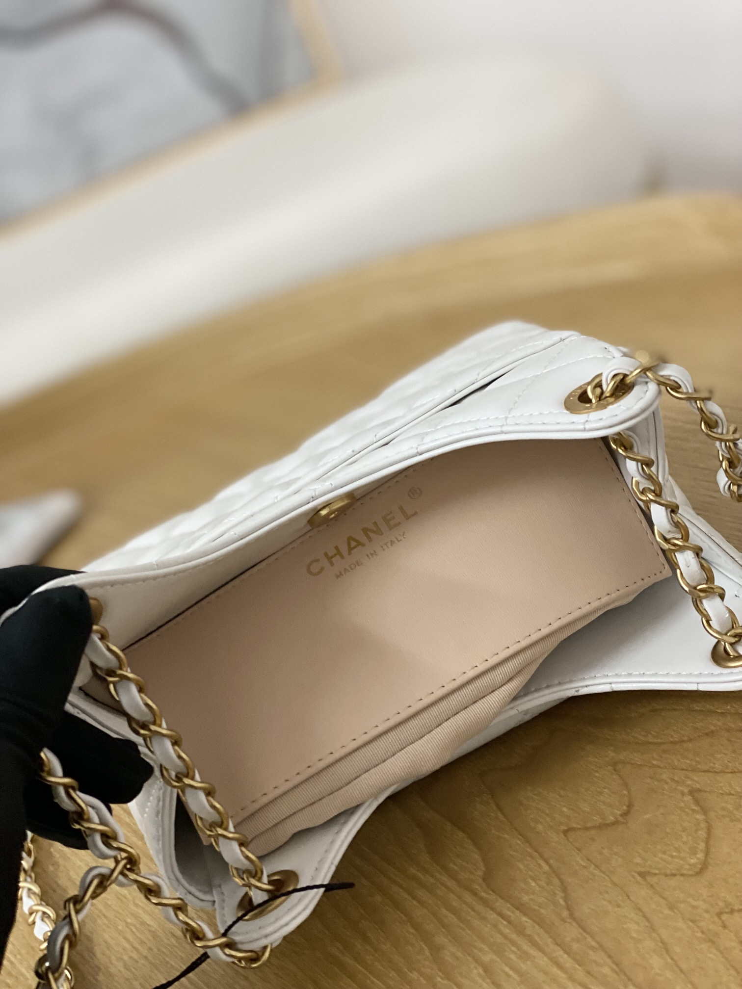 Chanel AS3710 Small Hobo Handbag Shiny Crumpled Calfskin & Gold-Tone Metal White - Default Title - View 8