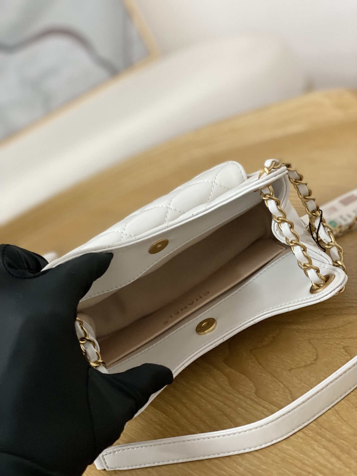 Chanel AS3710 Small Hobo Handbag Shiny Crumpled Calfskin & Gold-Tone Metal White - Default Title - View 9
