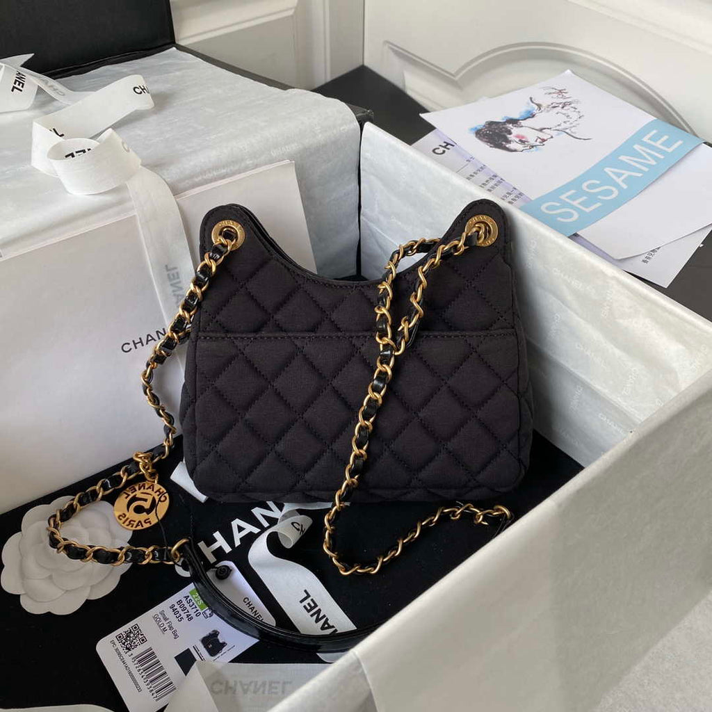 Chanel AS3710 Small Hobo Handbag Velvet & Gold-Tone Metal Black