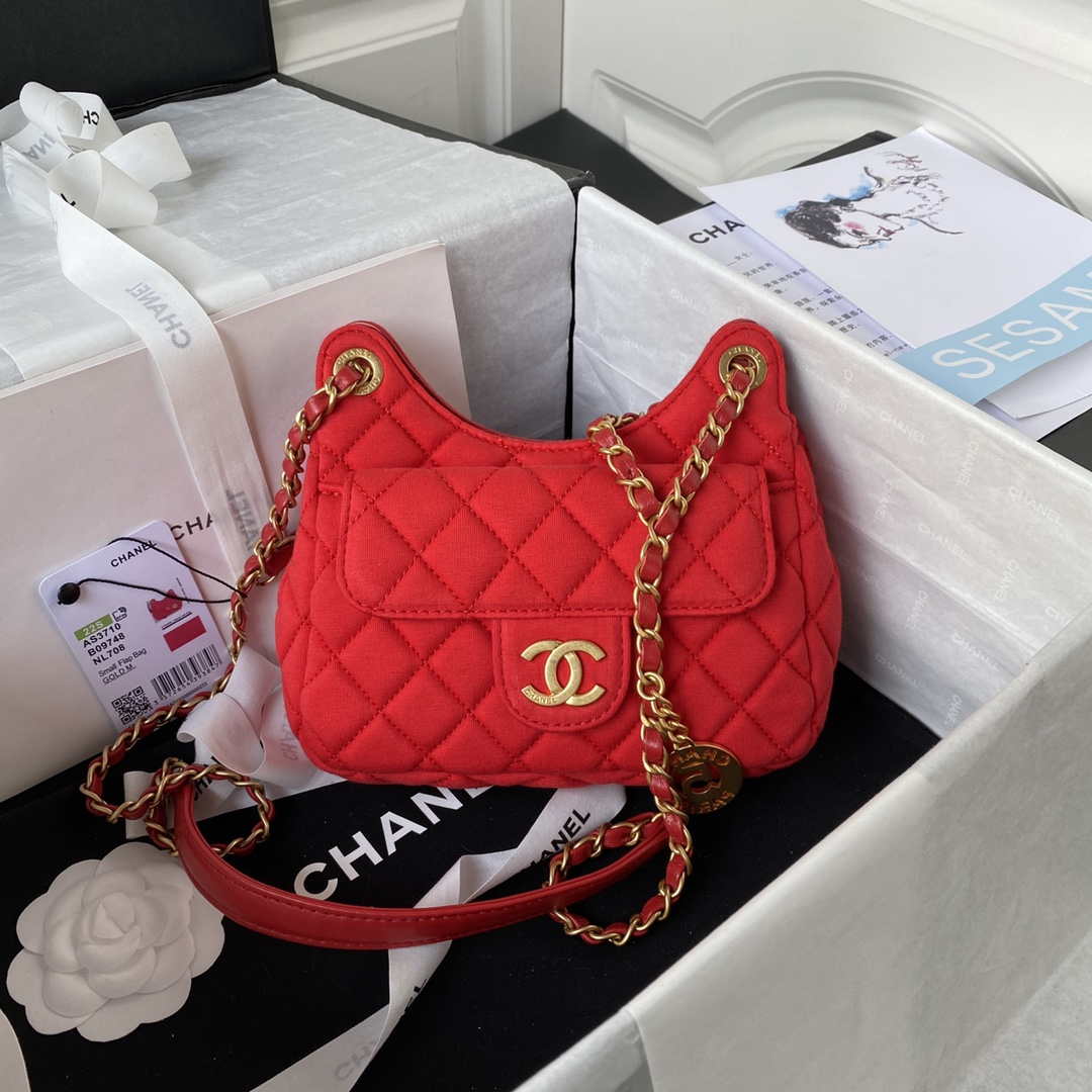 Chanel AS3710 Small Hobo Handbag Velvet & Gold-Tone Metal Red - Default Title - View 1
