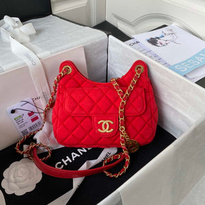 Chanel AS3710 Small Hobo Handbag Velvet & Gold-Tone Metal Red - Default Title - View 1