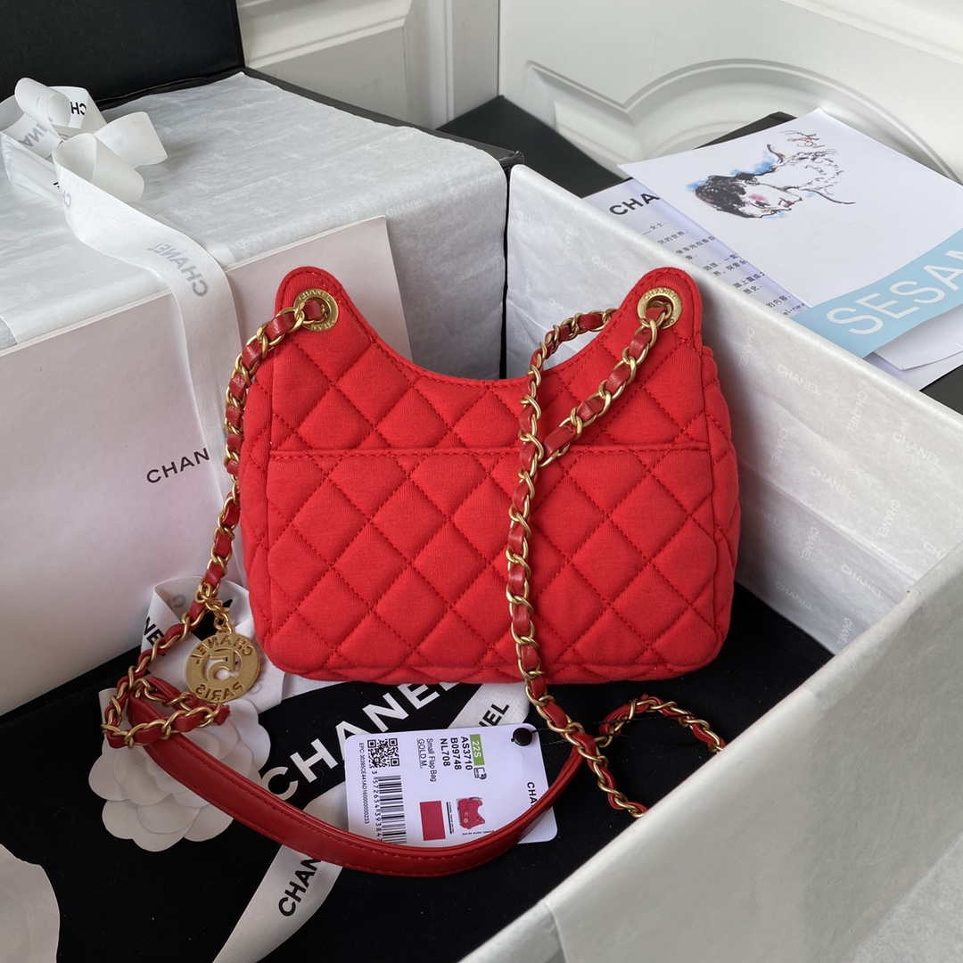 Chanel AS3710 Small Hobo Handbag Velvet & Gold-Tone Metal Red - Default Title - View 2