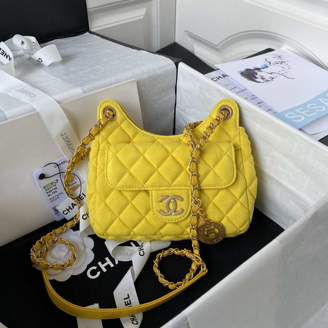 Chanel AS3710 Small Hobo Handbag Velvet & Gold-Tone Metal Yellow - Default Title - View 1