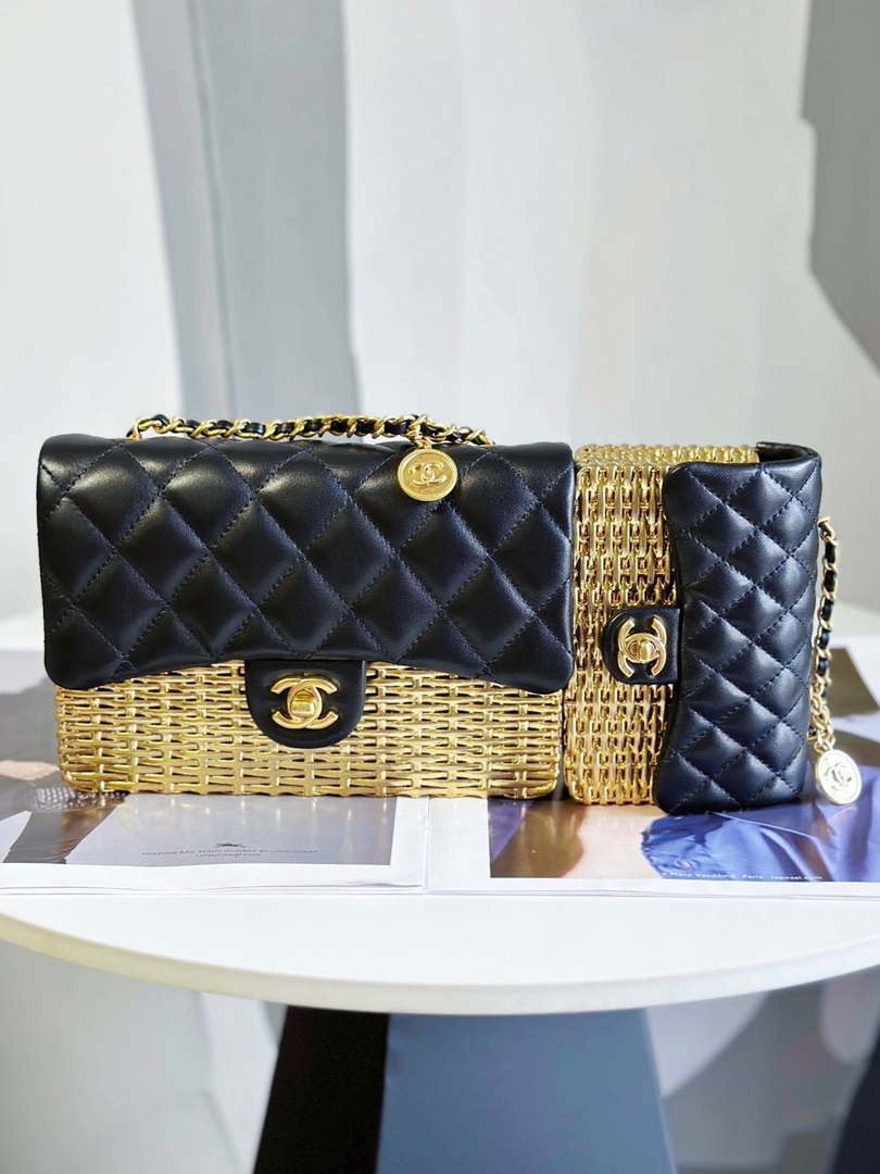 Chanel AS3712 Large EVENING BAG Lambskin & Gold Metal Black & Gold