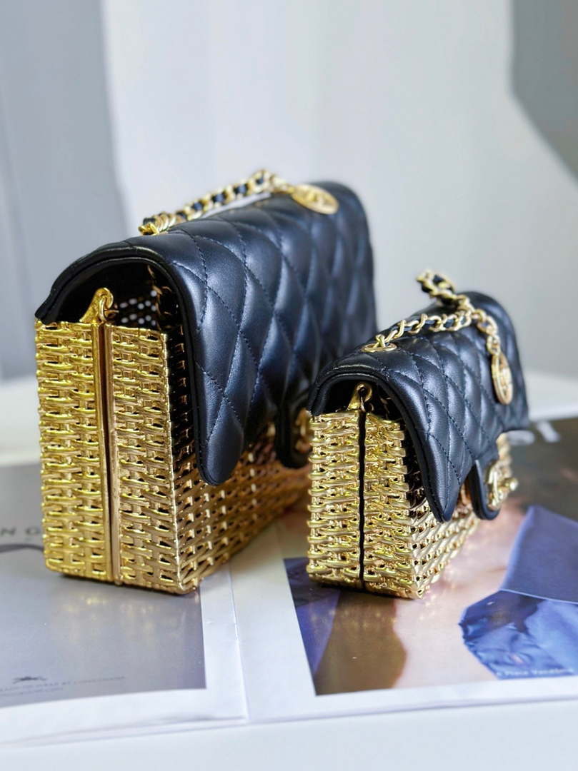 Chanel AS3712 Large EVENING BAG Lambskin & Gold Metal Black & Gold