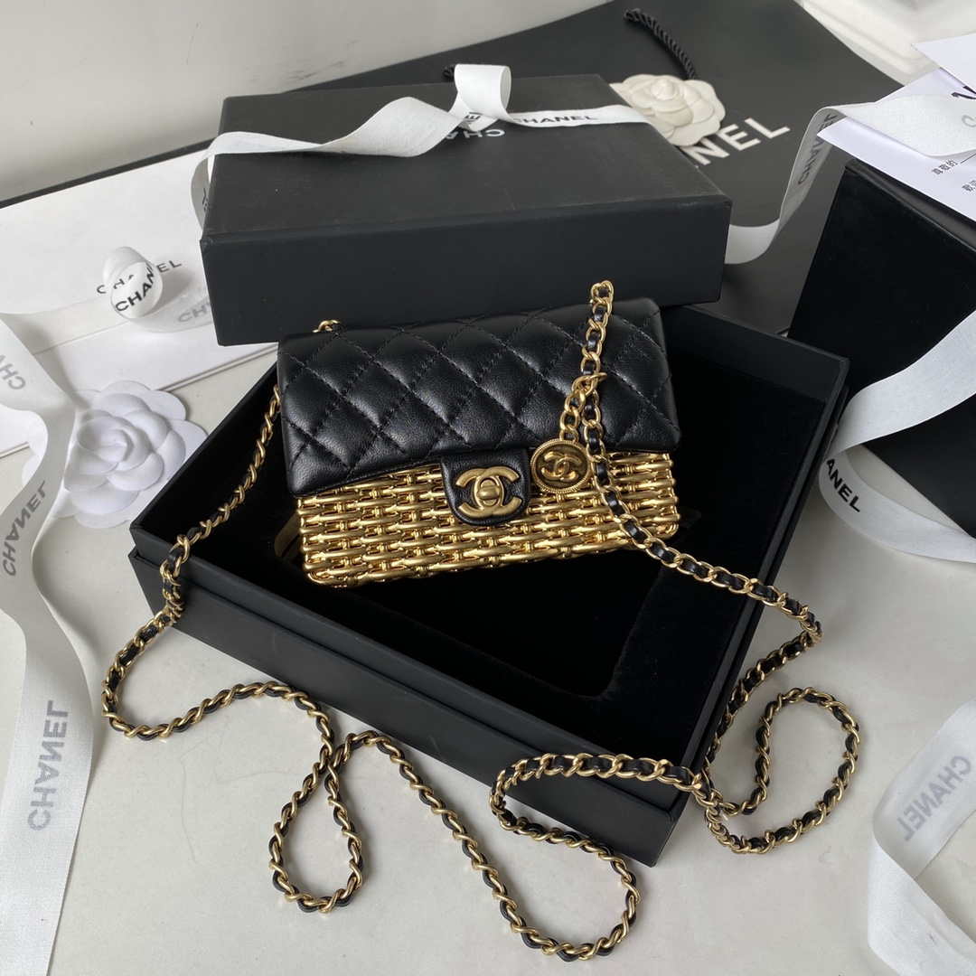 Chanel AS3713 SMALL EVENING BAG Lambskin & Gold Metal Black & Gold - Default Title - View 1