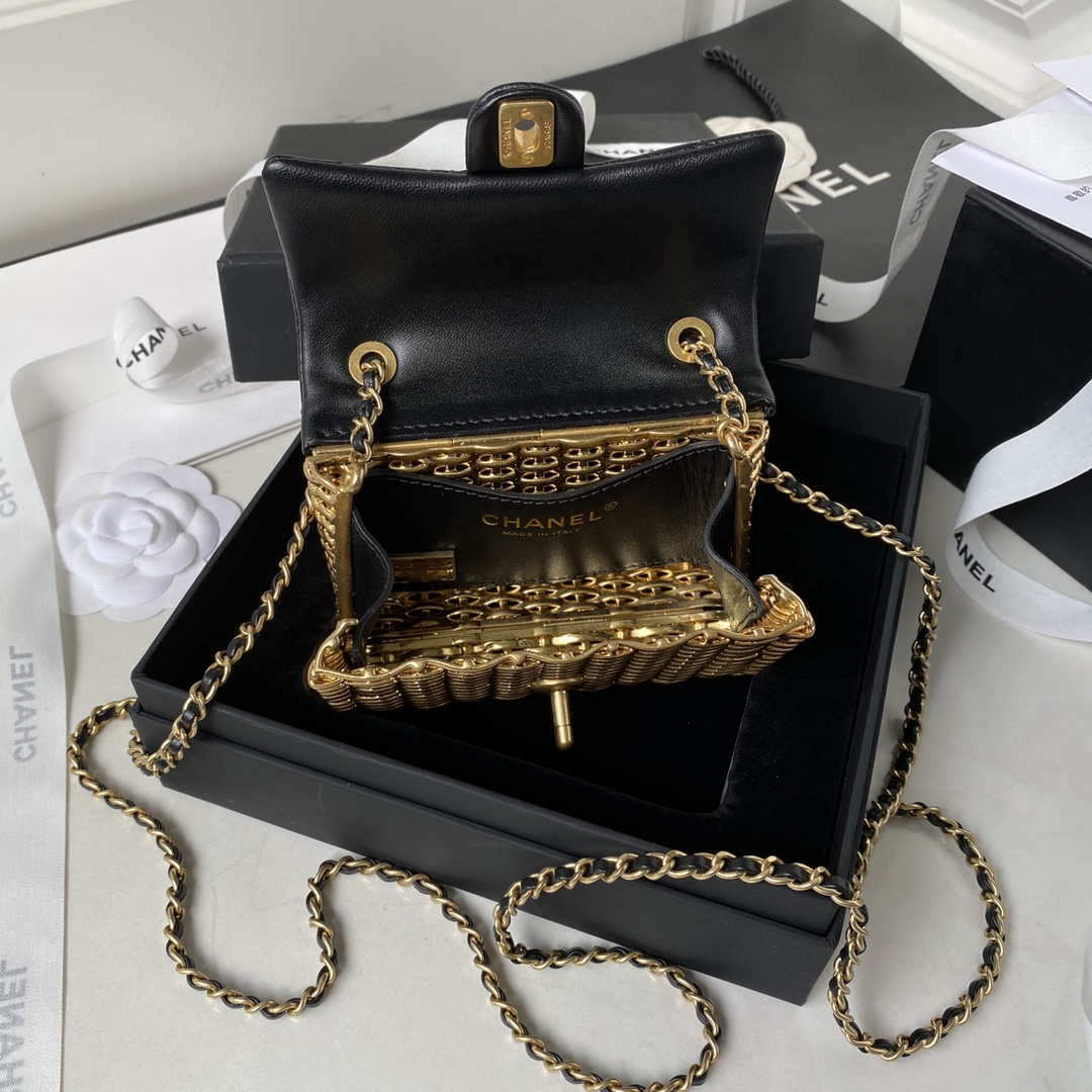Chanel AS3713 SMALL EVENING BAG Lambskin & Gold Metal Black & Gold