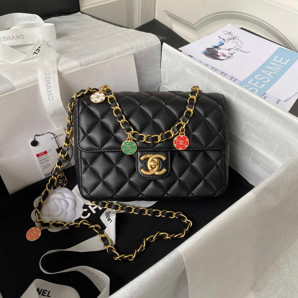 Chanel AS3737 Mini Flap Bag Lambskin Enamel & Gold-Tone Metal Black