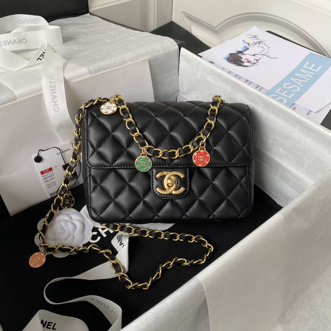 Chanel AS3737 Mini Flap Bag Lambskin Enamel & Gold-Tone Metal Black - Default Title - View 1