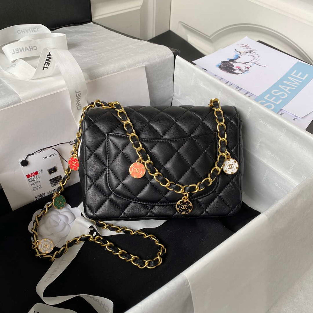 Chanel AS3737 Mini Flap Bag Lambskin Enamel & Gold-Tone Metal Black