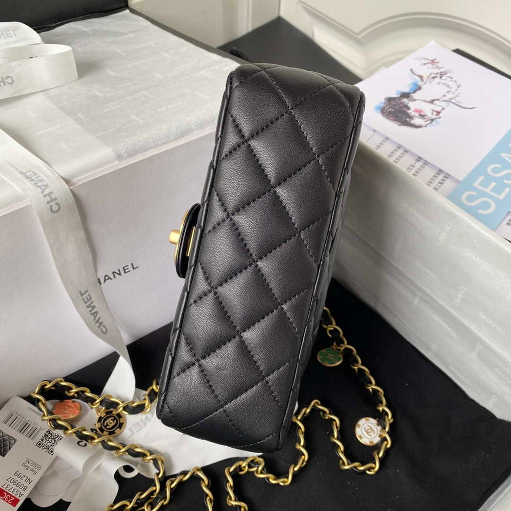 Chanel AS3737 Mini Flap Bag Lambskin Enamel & Gold-Tone Metal Black