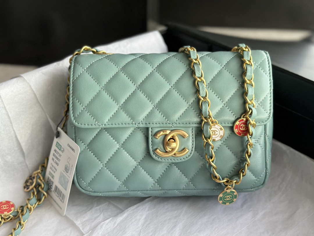 Chanel AS3737 Mini Flap Bag Lambskin Enamel & Gold-Tone Metal Blue