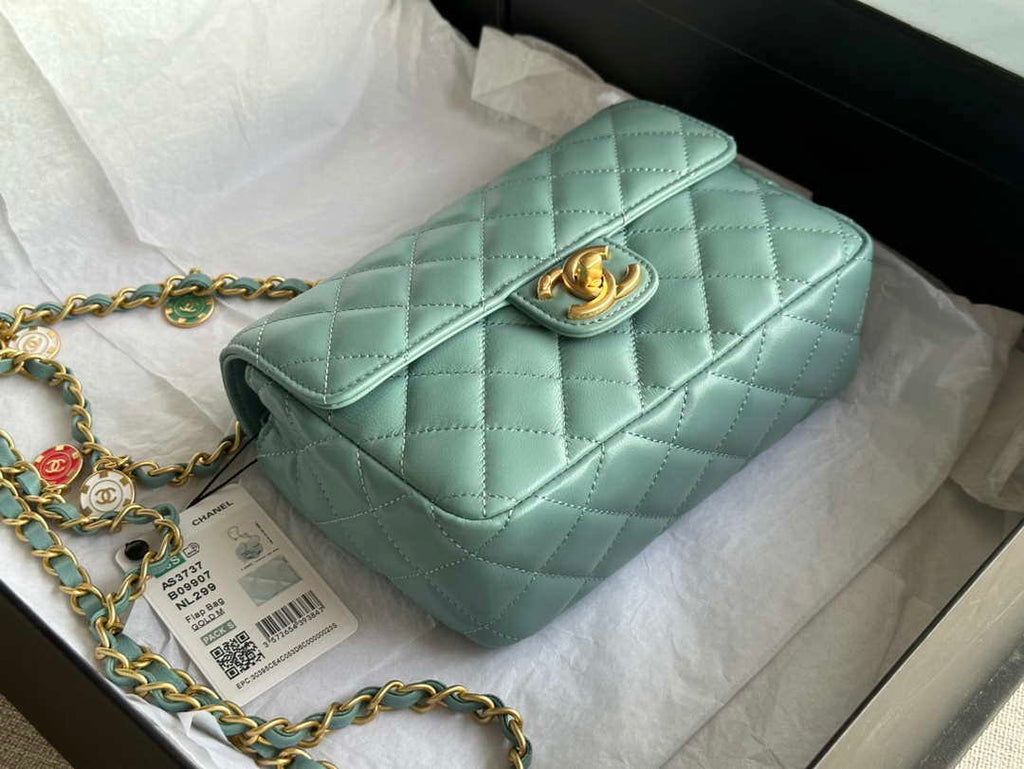 Chanel AS3737 Mini Flap Bag Lambskin Enamel & Gold-Tone Metal Blue