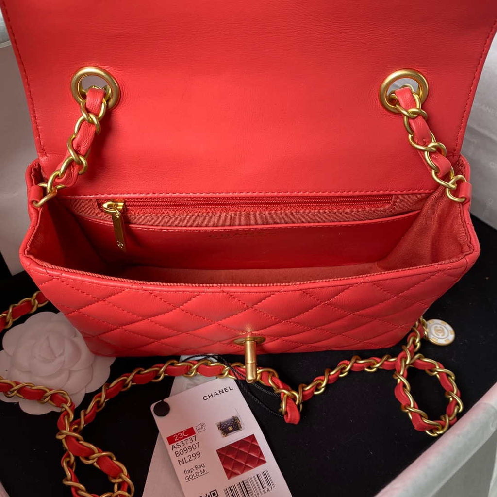 Chanel AS3737 Mini Flap Bag Lambskin Enamel & Gold-Tone Metal Red