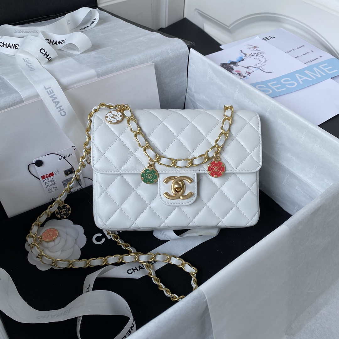 Chanel AS3737 Mini Flap Bag Lambskin Enamel & Gold-Tone Metal White - Default Title - View 1