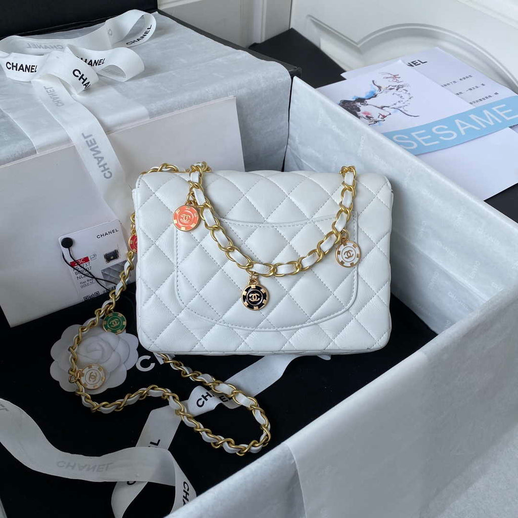 Chanel AS3737 Mini Flap Bag Lambskin Enamel & Gold-Tone Metal White