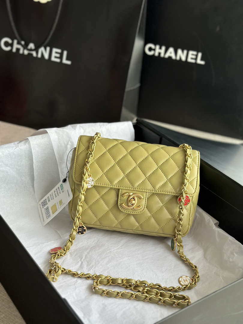 Chanel AS3737 Mini Flap Bag Lambskin Enamel & Gold-Tone Metal Yellow - Default Title - View 1