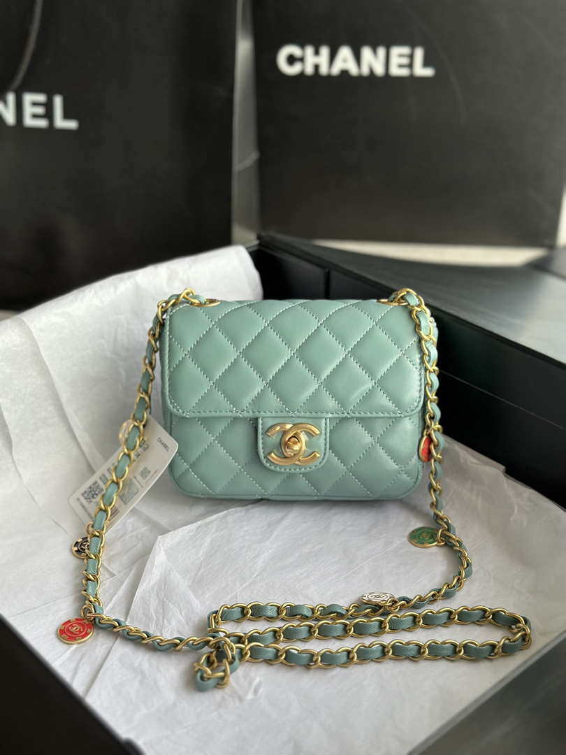 Chanel AS3738 Mini Flap Bag Lambskin Enamel & Gold-Tone Metal Blue